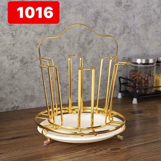 khay úp 6 cốc inox mạ vàng có đế hứng nước hình tròn