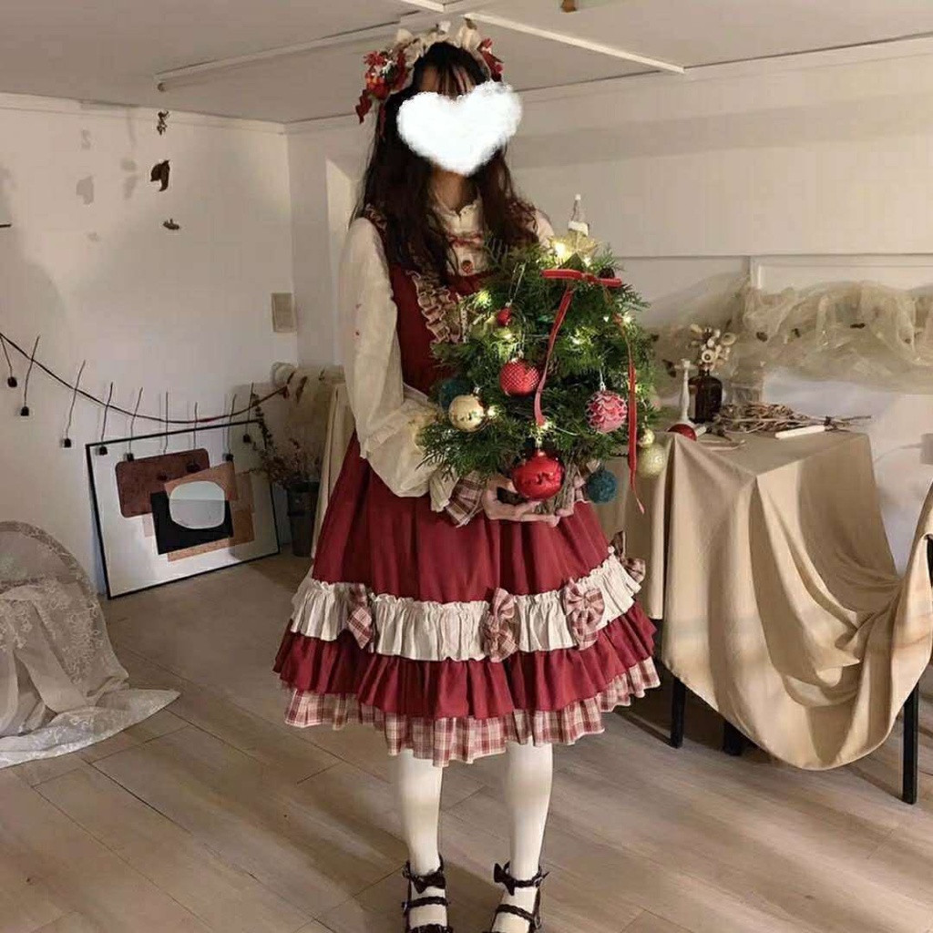 Đầm tay dài màu đỏ phong cách Lolita Nhật Bản