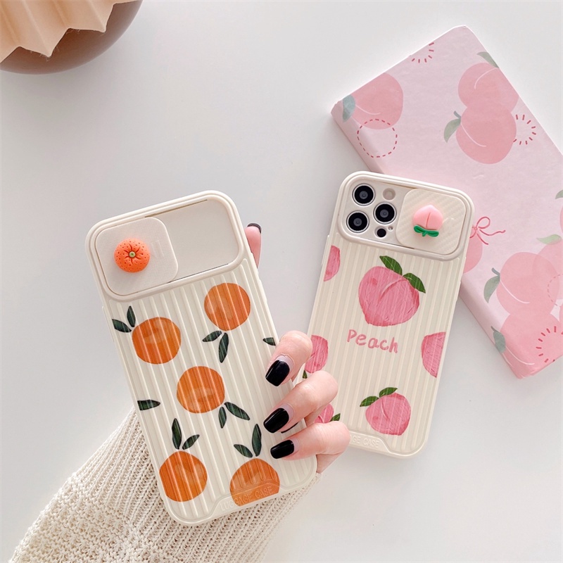 Ốp Điện Thoại Silicon Chống Va Chạm Có Thanh Trượt Cửa Sổ In Hình Quả Cam / Đào Cho iPhone 13 12 11 Pro Max XS Max