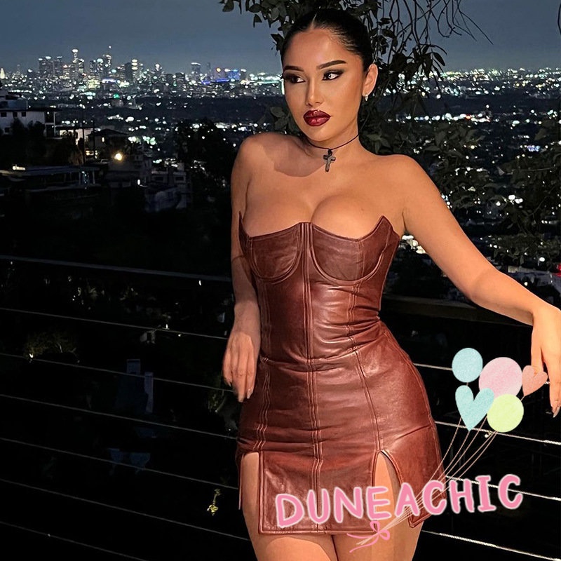 DUNEA Đầm da pu không tay hở vai gợi cảm dành cho nữ