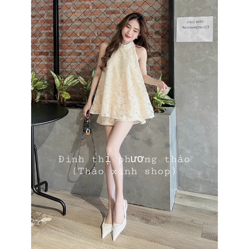 Set bộ đồ nữ áo yếm lưới bông 2 lớp mix quần đùi siêu xinh