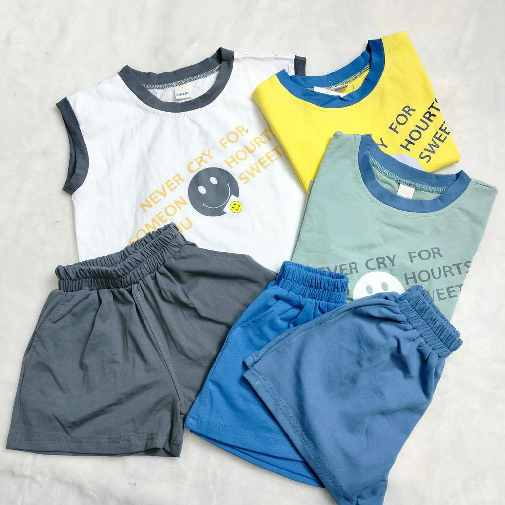 Bộ quần áo sát nách bé trai bé gái, Bộ cộc hè ba lỗ in hình mặt cười Nerver Cry chất cotton cao cấp cho bé từ 6-28kg