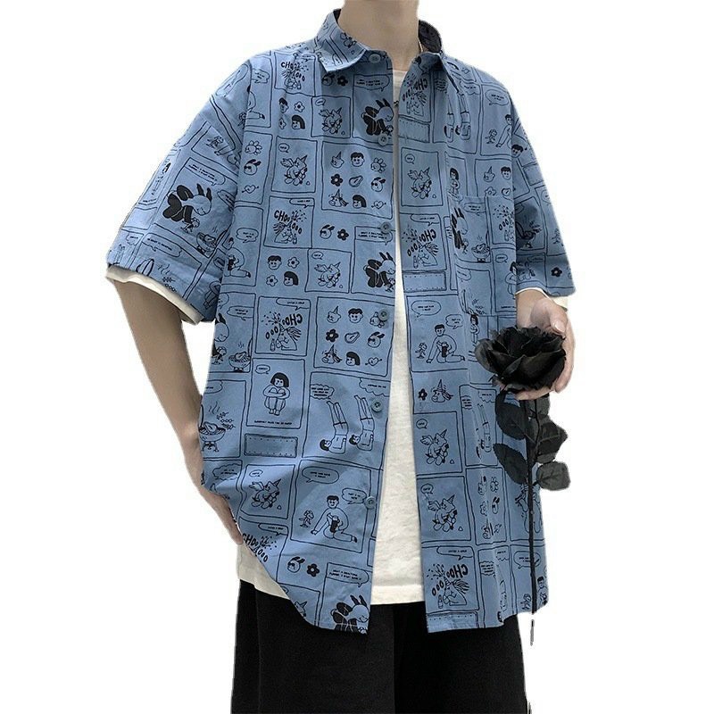 Áo sơ mi nam nữ đều mặc được kiểu tay lỡ form rộng Unisex in hình ruyện tranh ô vuông mới nhất