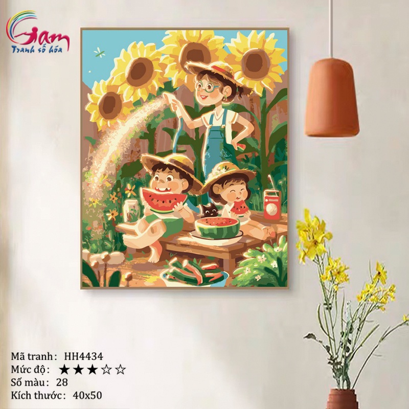 Tranh sơn dầu số hoá tự tô màu Gam gia đình tuổi thơ tươi đẹp HH4434 40x50cm căng khung