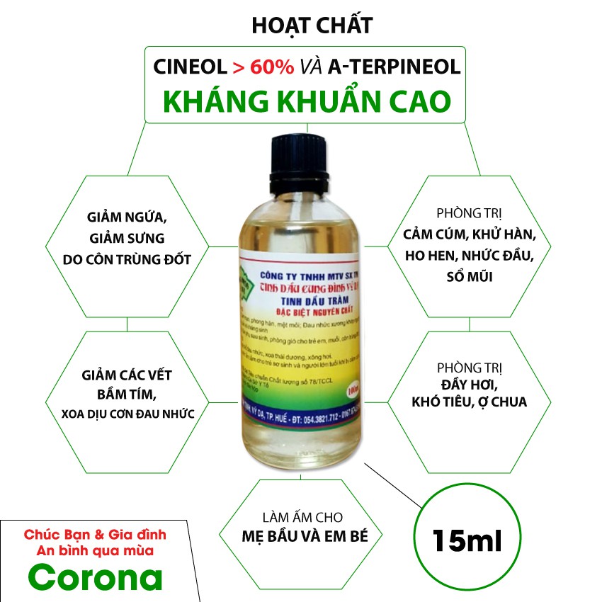 Tinh dầu Tràm trà thiên nhiên 100% - Hàm lượng Cineol 60%  - Kháng khuẩn rất cao - SX tại Huế - Cung Đình Vỹ Dạ