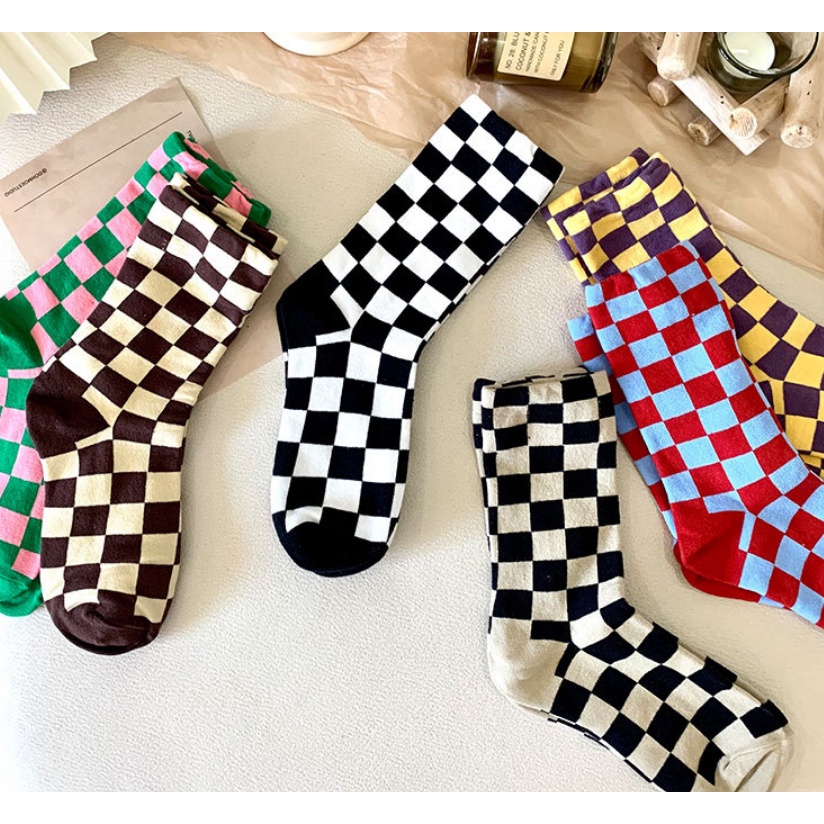 Vớ cotton Cổ Trung Thoáng Khí In Họa Tiết Caro Phong Cách Hàn Quốc Thời Trang Thu Đông Cho Học Sinh