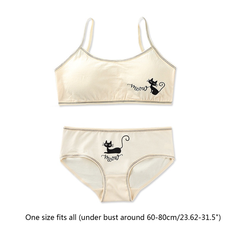 Bộ Đồ Lót 2 Mảnh Áo Ngực Hai Dây In Họa Tiết Mèo Dễ Thương Có Thể Tháo Rời Phong Cách Hipster Thời Trang Cho Tuổi Teen