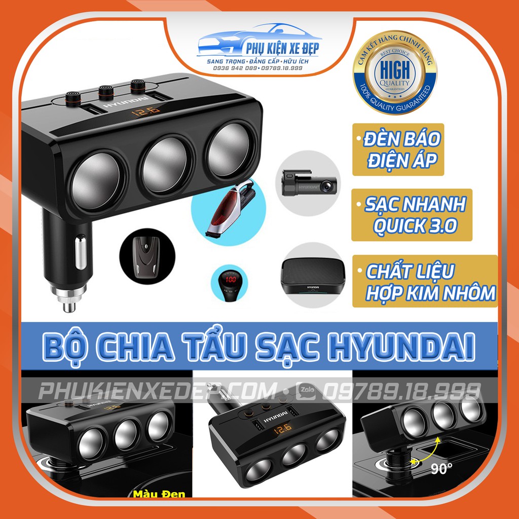 Bộ chia tẩu sạc⚡FREESHIP⚡ Hyundai 3 cổng tẩu 2 cổng USB sạc điện thoại, cổ quay 90 độ dễ dàng điều chỉnh góc cắm trên xe