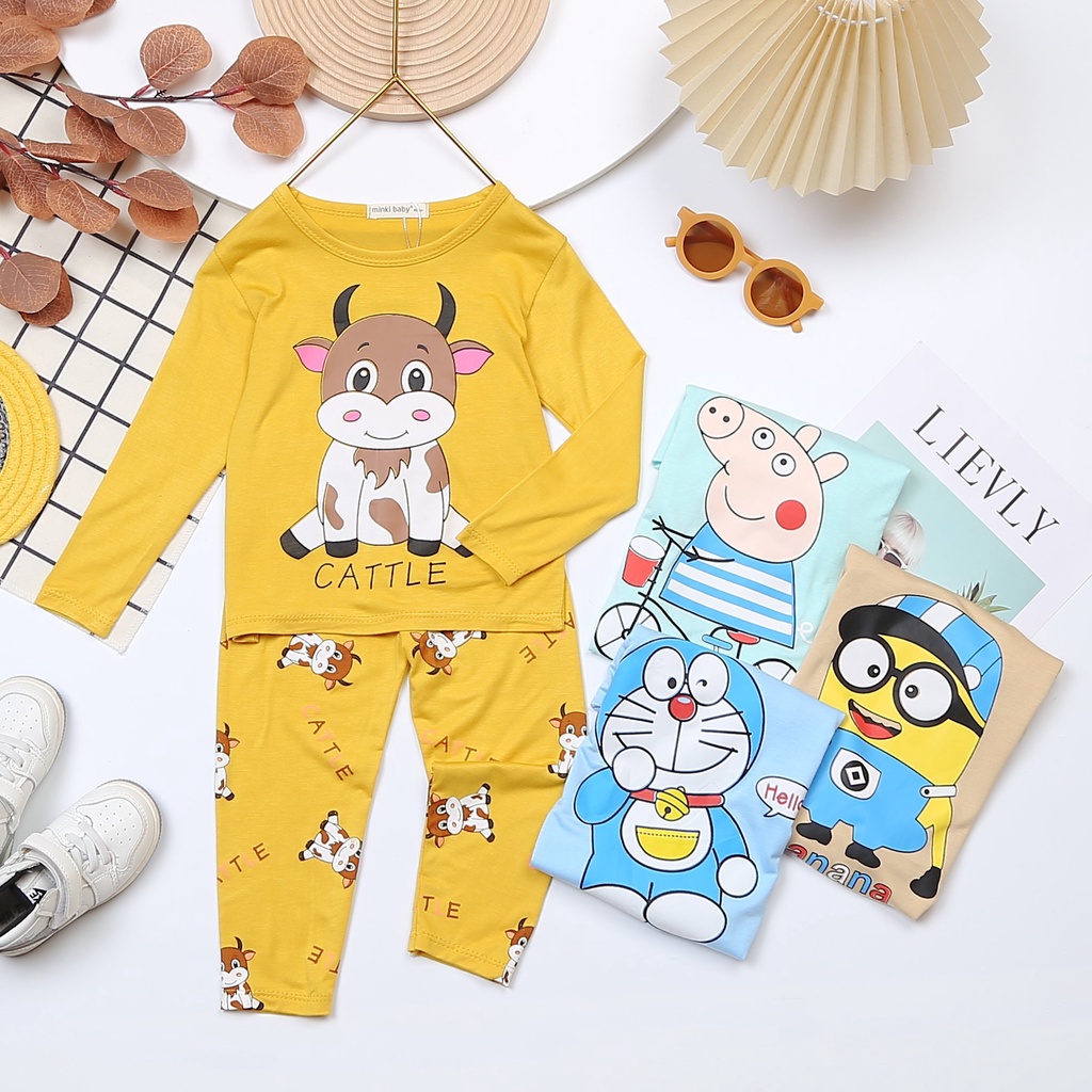 Bộ dài tay thun lạnh Minky mom bé trai,bé gái 0-5 tuổi/ Bộ thun lạnh dài tay hình Doremon, heo Peppa, bò sữa, Minion
