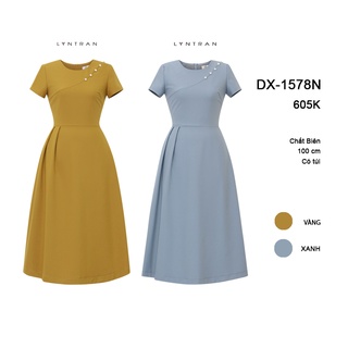 Váy xòe Cutout đính ngọc Lyntran Đầm xòe cổ tròn DX-1578N Váy ngắn tay đính ngọc trai trên ngực sang trọng