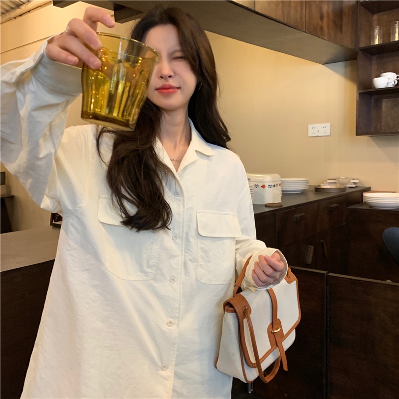 Áo Sơ Mi Trắng Tay Dài Dáng Rộng Cổ Bẻ Thời Trang Mùa Hè Cho Nữ