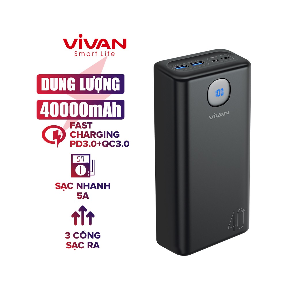 Pin Sạc Dự Phòng Sạc Nhanh 40.000mAh PD/QC 3.0/VOOC 22.5W VIVAN VPB-B40 3Output