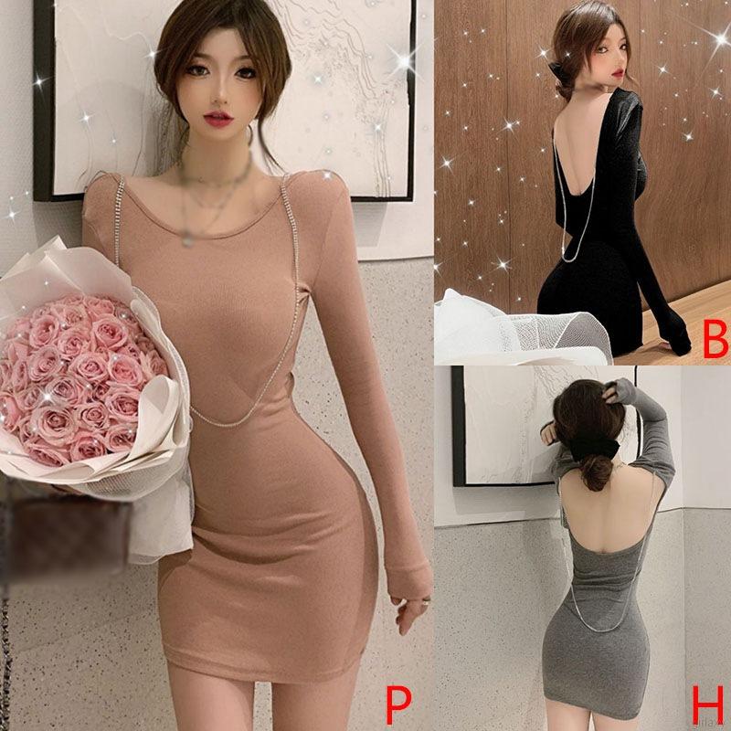 Đầm Body Cho Nữ Dài Tay Cổ Tròn Hở Lưng Gợi Cảm