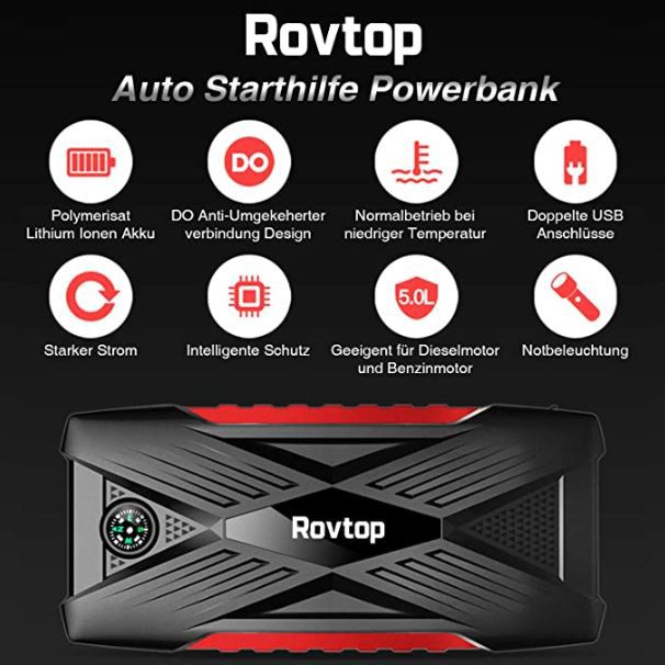Thiết bị kích bình ắc quy ô tô kiêm pin sạc dự phòng Rovtop Powerbank Starthilfe 16000mAh, 600A có đèn pin LED