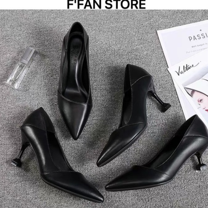Giày cao gót nữ [da thật] công sở bít mũi 5 7 phân big size, da mềm như bún vạt xiên FFAN STORE
