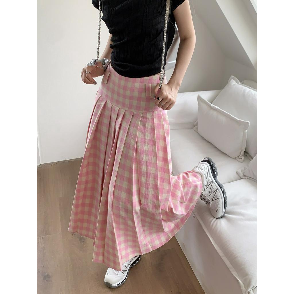 Chân Váy Dài Dáng Chữ A Xếp Ly Sọc Ca Rô Màu Hồng Thời Trang Mùa Xuân 63320