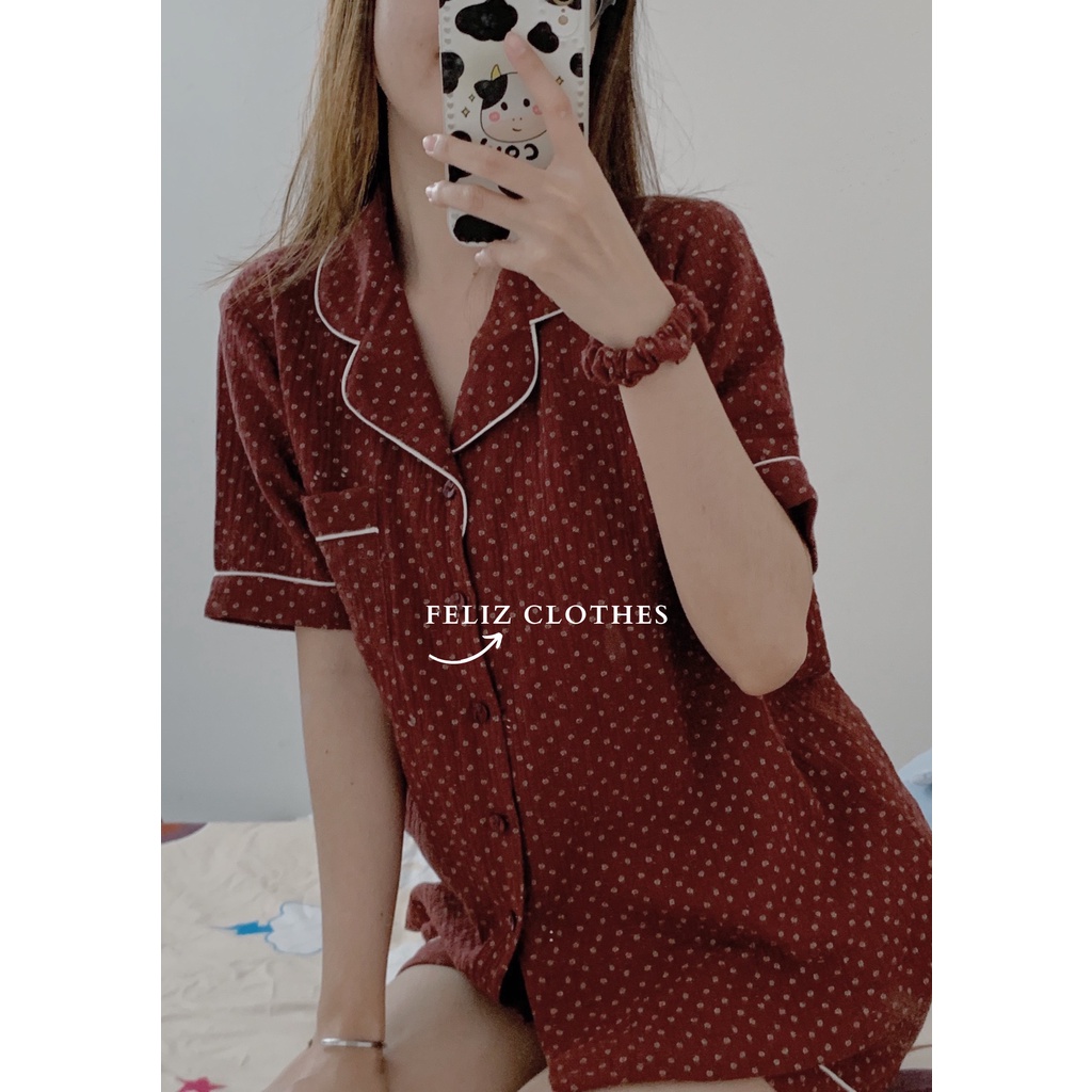 Pyjama xô muslin hoa nhí màu đỏ mận cực đáng yêu