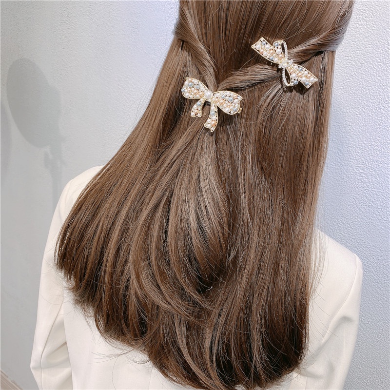 Kẹp Tóc Đính Đá Kim Cương Ngọc Trai Giả Hai Màu Sắc