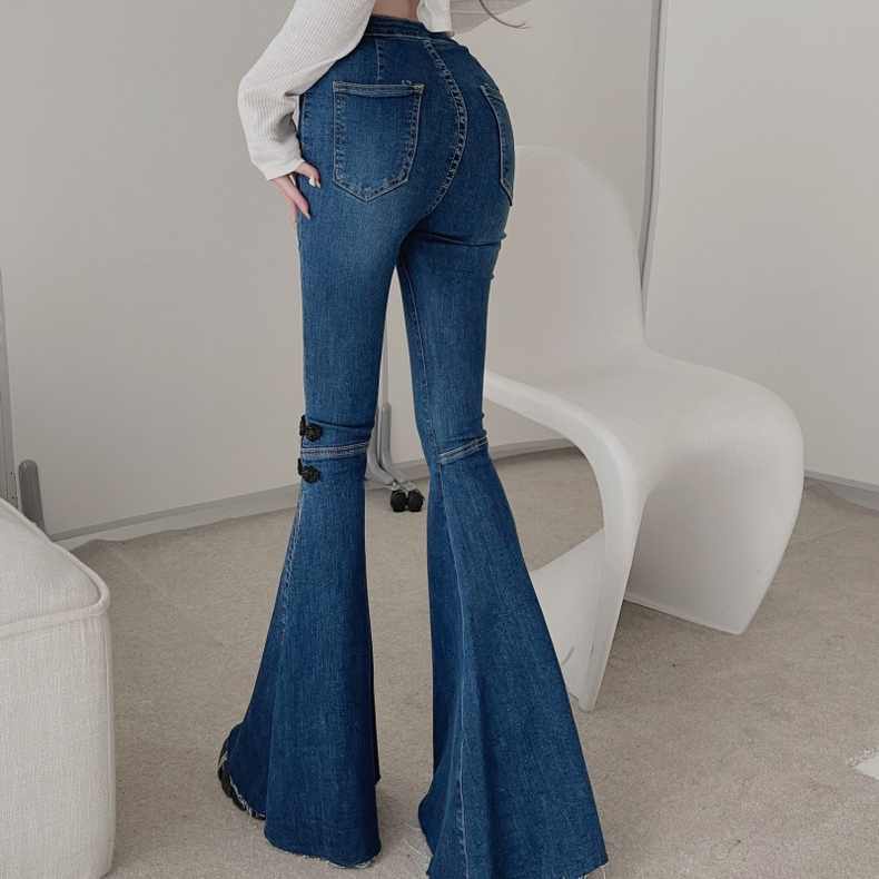 Phong cách mới!F &amp; X Quần Jean Ống Loe Dáng Suông Lưng Cao Co Giãn Có Khóa Cài Kiểu Retro Cá Tính