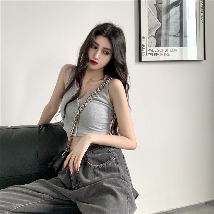 Áo Croptop Nữ 3 Lỗ Cúc Ngực Trơn Dáng Ôm 3 Màu