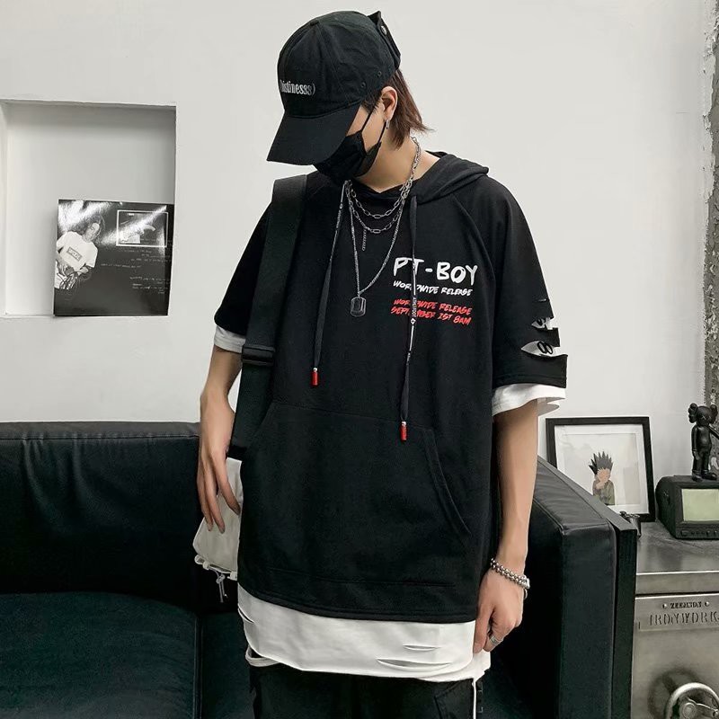 Áo hoodie tay ngắn giả hai lớp dáng rộng trẻ trung hợp thời trang dành cho nam | WebRaoVat - webraovat.net.vn