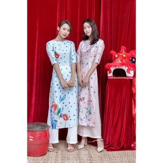 Áo Dài May Sẳn, Áo Dài Lụa Nữ Hàng Thiết Kế Chất Vải Cao Cấp Họa Tiết Hoa Chấm Bi Màu Hồng, Xanh, Tông Màu Trẻ Trung.