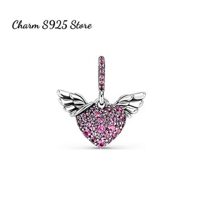 CHARM PAN ALE TREO ĐÔI CÁNH TIM ĐÍNH ĐÁ HỒNG BẠC S925 CAO CẤP