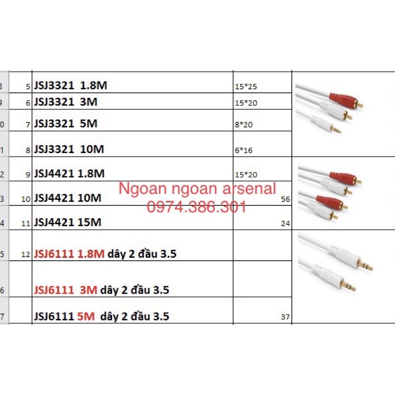 Dây 2 đầu 3,5 hãng JSJ chính hãng dài 1,8m- 5m báo giá 1 sợi