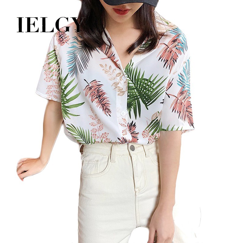Áo sơ mi IELGY tay ngắn họa tiết lá thời trang trẻ trung dành cho nữ