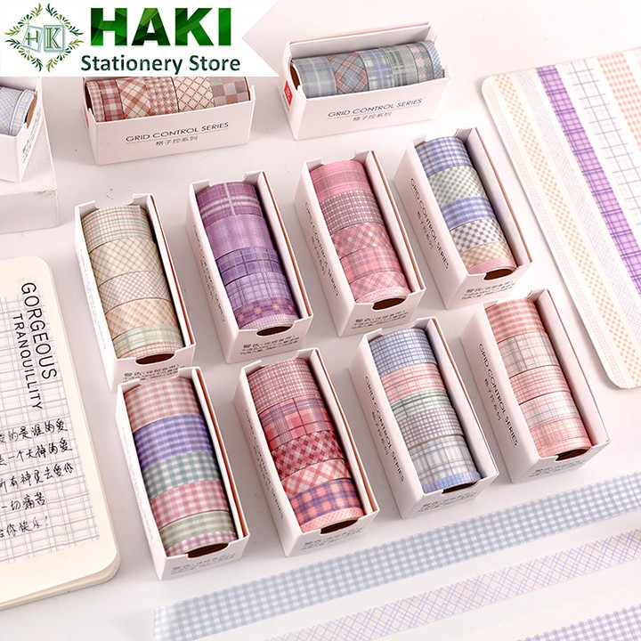 [Mã LIFEXANH03 giảm 10% đơn 500K] Washi tape caro HAKI, băng dính washi tape cute bộ 6 cuộn trang trí sổ giá rẻ BD07