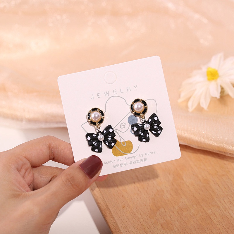 Bông Tai Mạ Bạc 925 Hình Nơ Chấm Bi Đính Ngọc Trai Phong Cách Vintage