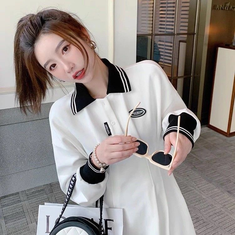 Đầm tay dài cổ POLO màu trơn thời trang mùa thu mới 2021 cho nữ