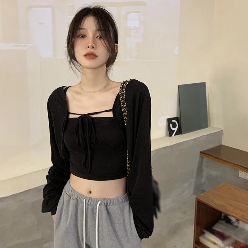 Set áo hai dây + áo khoác cardigan tay dài phong cách Hàn Quốc cho nữ