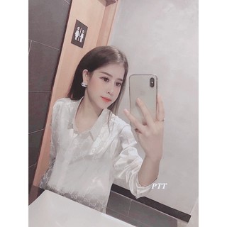 Áo sơ mi lụa trắng vân nổi gc dài tay nữ sang chảnh