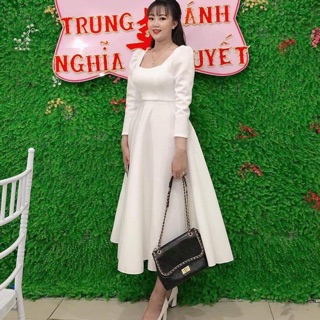 ĐẦM XOÈ TAY DÀI KẾT CƯỜM ĐAI EO CAO CẤP