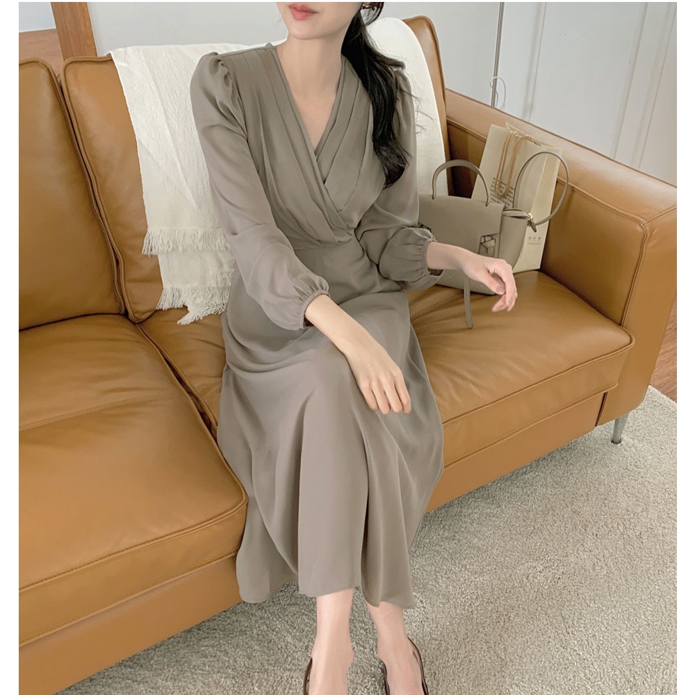 Đầm voan dài tay cổ chữ V phong cách mới 45582