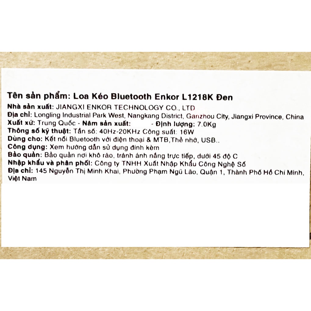Loa Kéo Bluetooth Karaoke Enkor L1218K Đen 16W Đầu AUX in - Chính hãng, BH 12 tháng