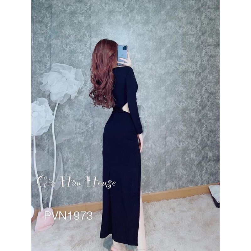 Đầm Thun Ôm Body Tay Dài Cổ V Dáng Dài Maxi Xẻ Tà Khoét Eo Sexy | BigBuy360 - bigbuy360.vn