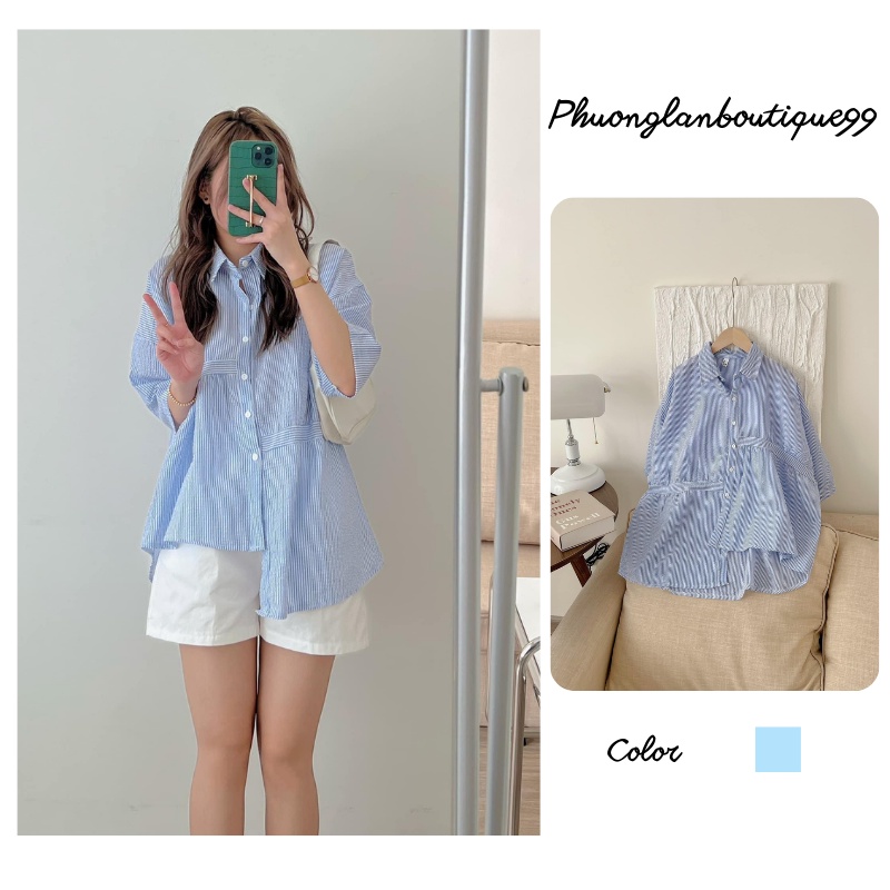 Áo sơ mi vạt lệch, Áo suông kiểu form rộng nữ tính kẻ xanh Ulzzang Hàn Quốc PHULA