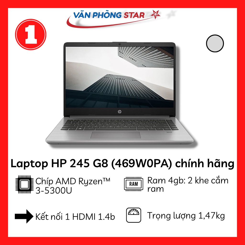 Laptop HP 245 G8 (469W0PA) (R3 5300U/4GB RAM/512GB SSD/14 HD/Win10/Bạc)