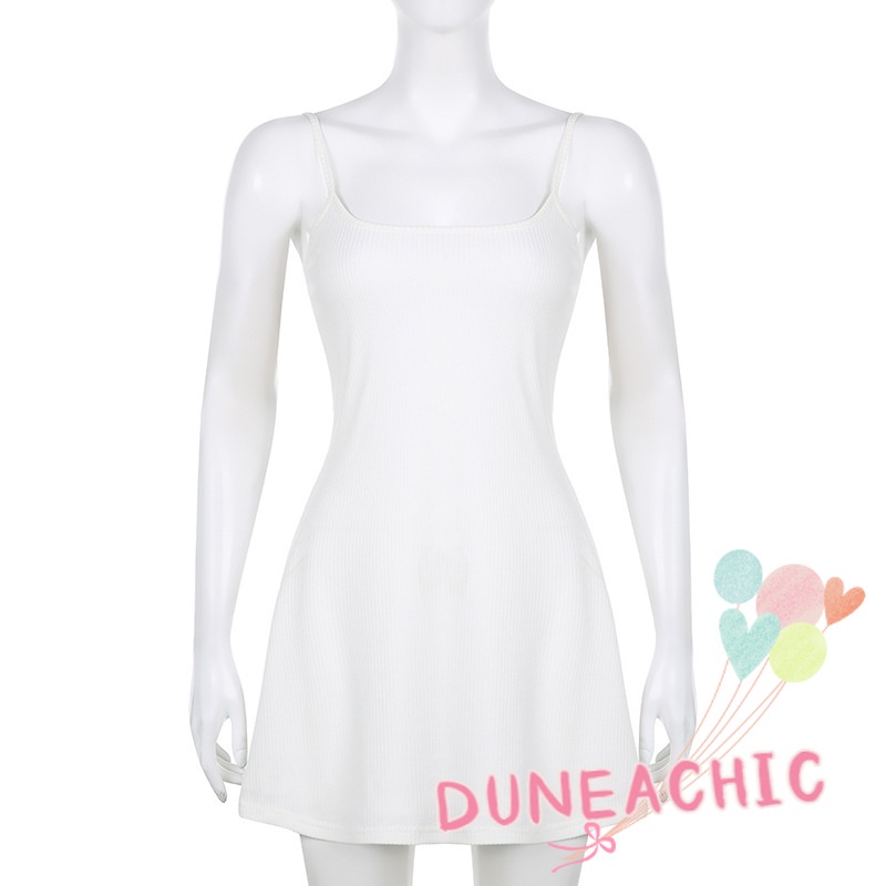 DUNEA Đầm mini hai dây hở lưng màu trơn ngọt ngào cho nữ