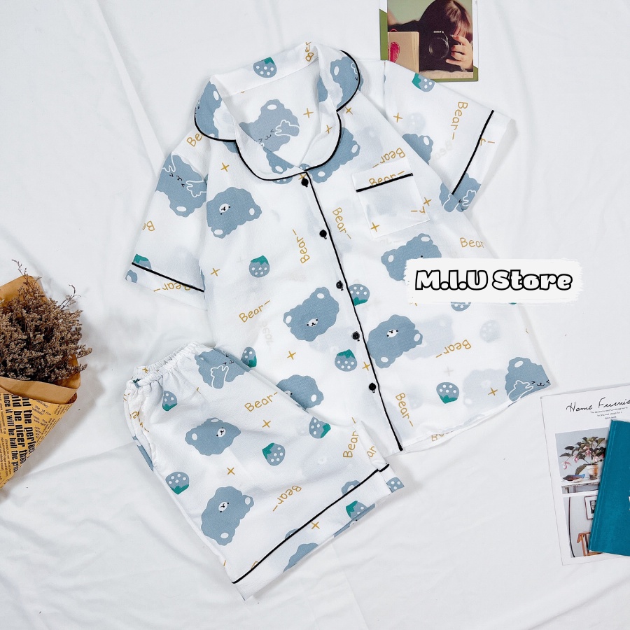 Bộ Ngủ Pijama Mặc Nhà Cộc Tay Chất Đũi Xốp Thoáng Mát Thấm Hút Mồ Hôi Siêu Tốt Họa Tiết Dễ Thương