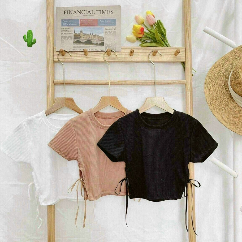 Áo kiểu croptop cổ tròn trơn xẻ tà 2 bên cột dây cực hot , chất thun gân mềm mịn co giãn