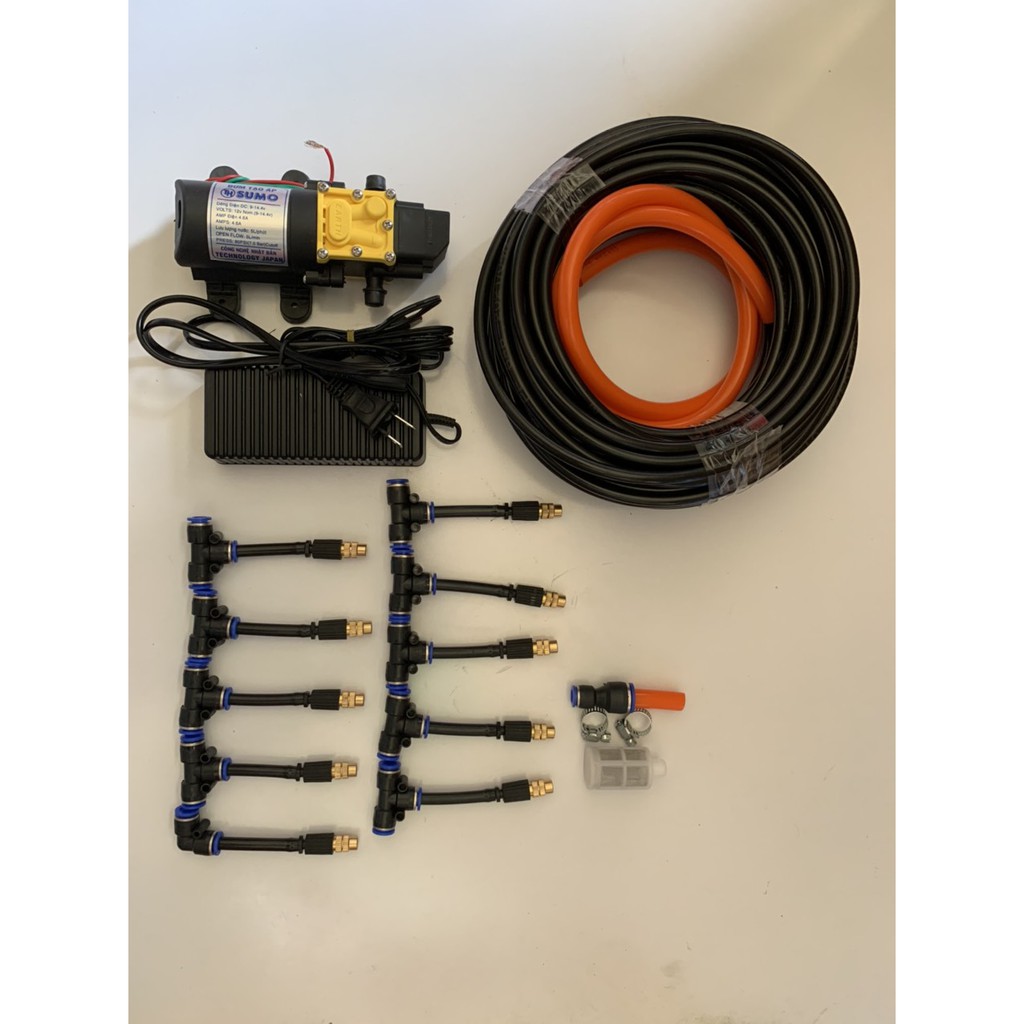 Bộ phun sương. tưới lan. bộ bơm sumo Đen kèm ng,uồn 12v_5a. 15m dây phun. 10 béc đồng nhựa  . giúp làm dịu mát căn nhà
