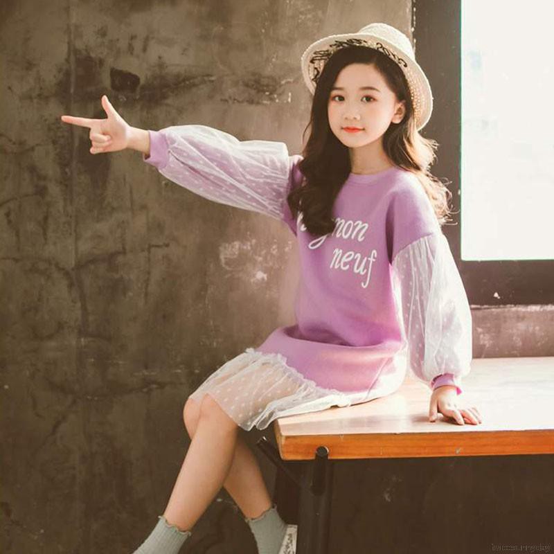 Đầm đuôi cá dài tay phối lưới thời trang cho bé gái