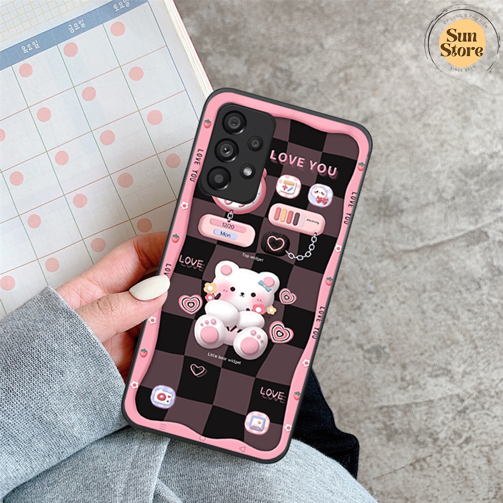 Ốp lưng Samsung A13/ A23/ A33/ A53/ A73 hoạ tiết 3D nền kẻ caro, gấu đáng yêu viền dẻo