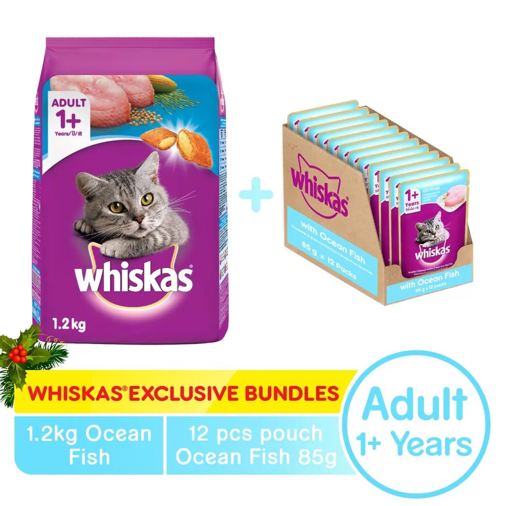 Combo 01 Thức Ăn Hạt Khô Whiskas 1,2 Kg và 12 Gói Pate Whiskas 80 Gram Cho Mèo