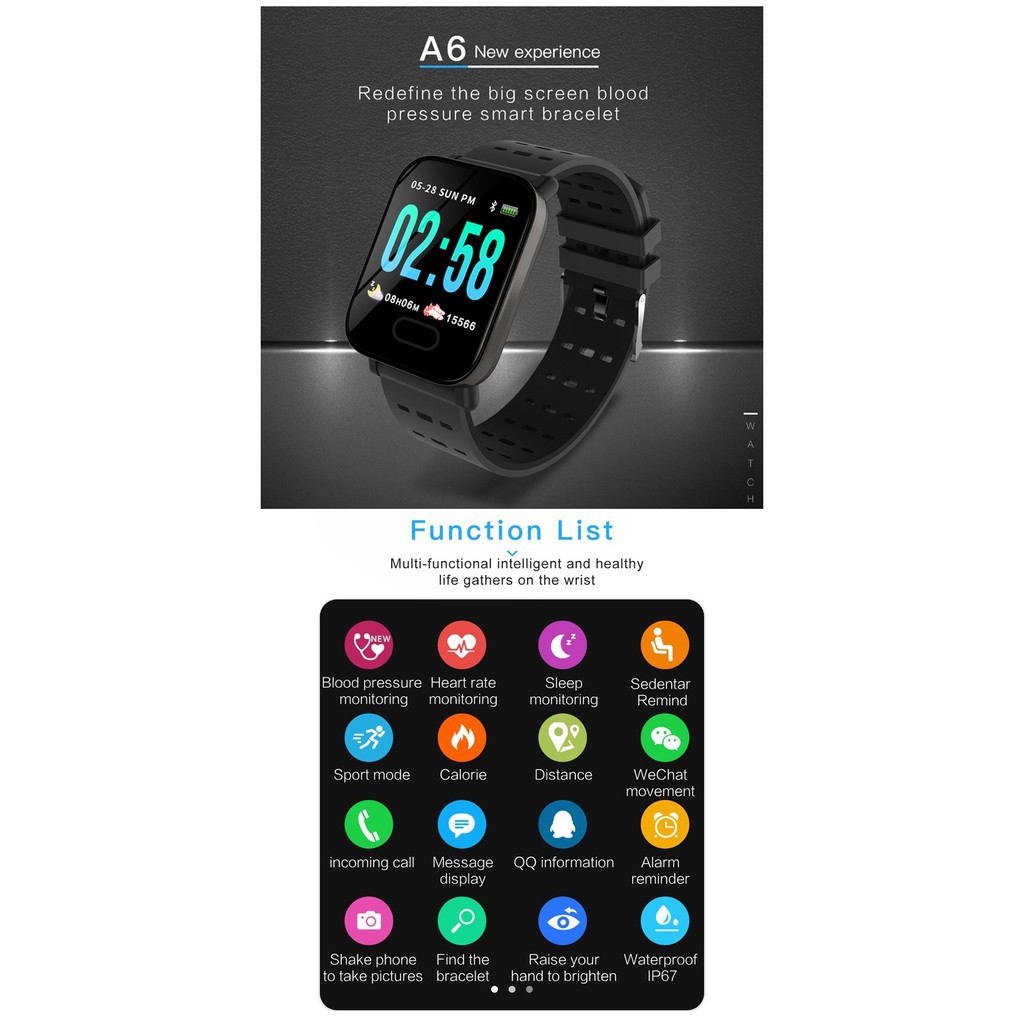 A6 Bluetooth Smartwatch Water Resistant Blood Pressure Monitor / Heart Rate