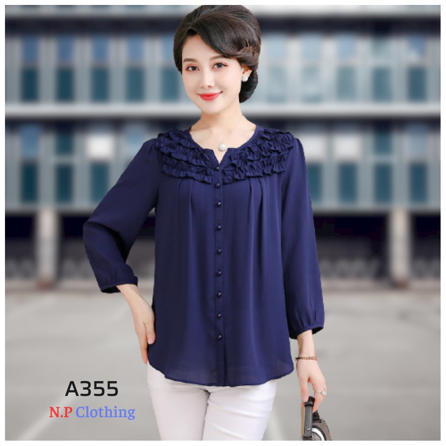 Áo Trung Niên Nữ MT355, Kiểu Áo Trung Niên Tay Lỡ Cổ Bèo Đính Nhiều Nút Đẹp Trang Nhã - Thời Trang Trung Nữ BigSize