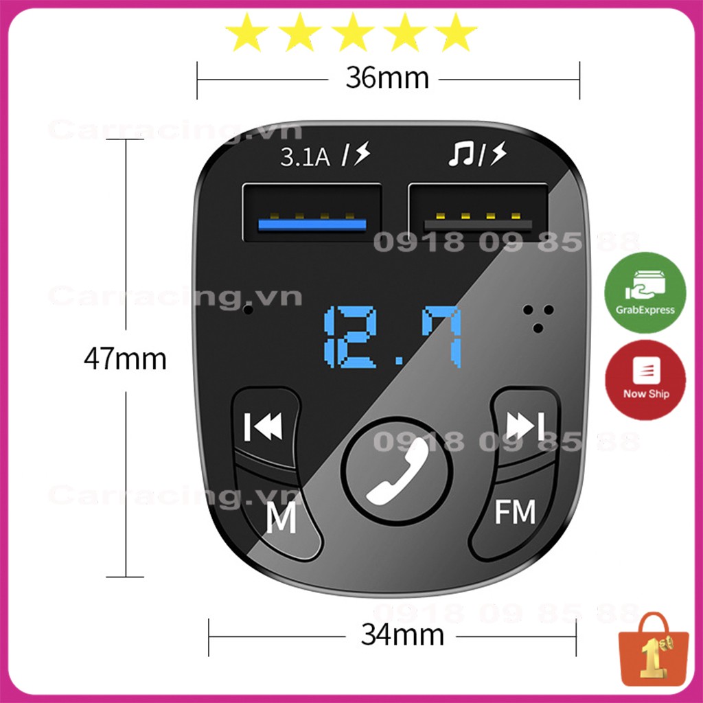 Tẩu Sạc Ô Tô CARRACING Cốc sạc xe hơi Bluetooth 5.0 Tốc Độ Nhanh 3.0 Cho Xe Hơi có nút MENU VÀ FM | BigBuy360 - bigbuy360.vn